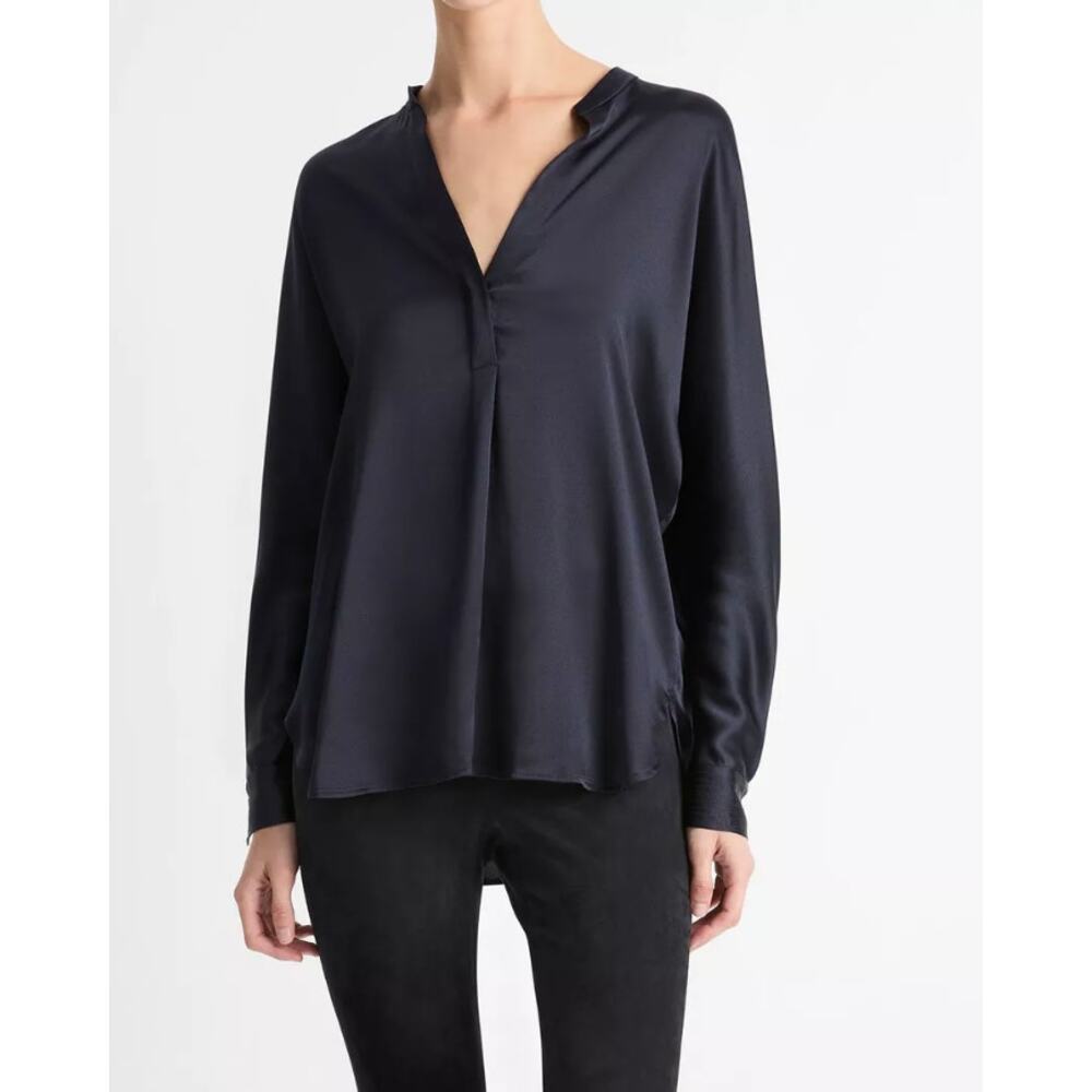 VINCE Silk Satin Band-Collar Blouse NAVY SMALL